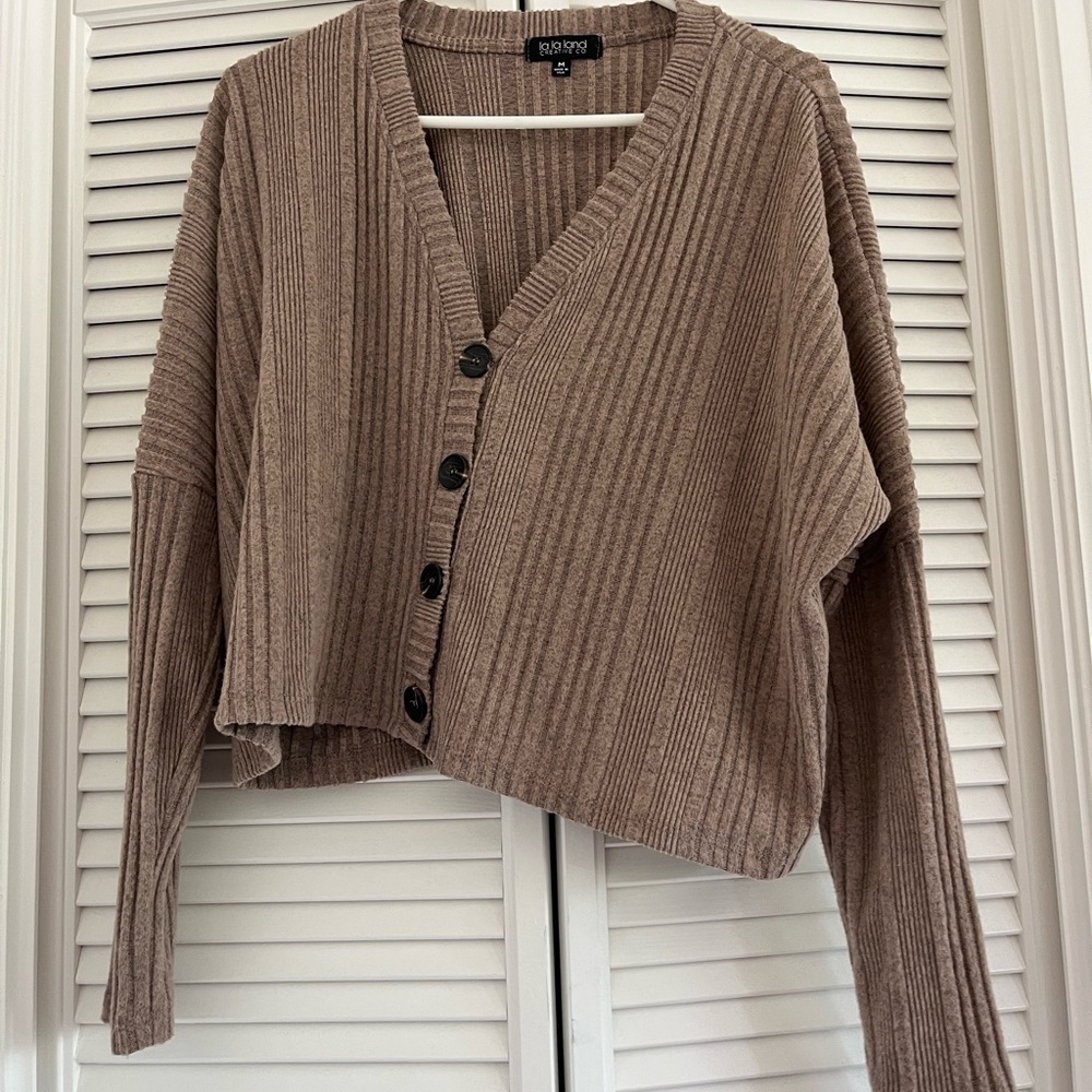 Women's Cropped Brown Ribbed Cardigan Sweater